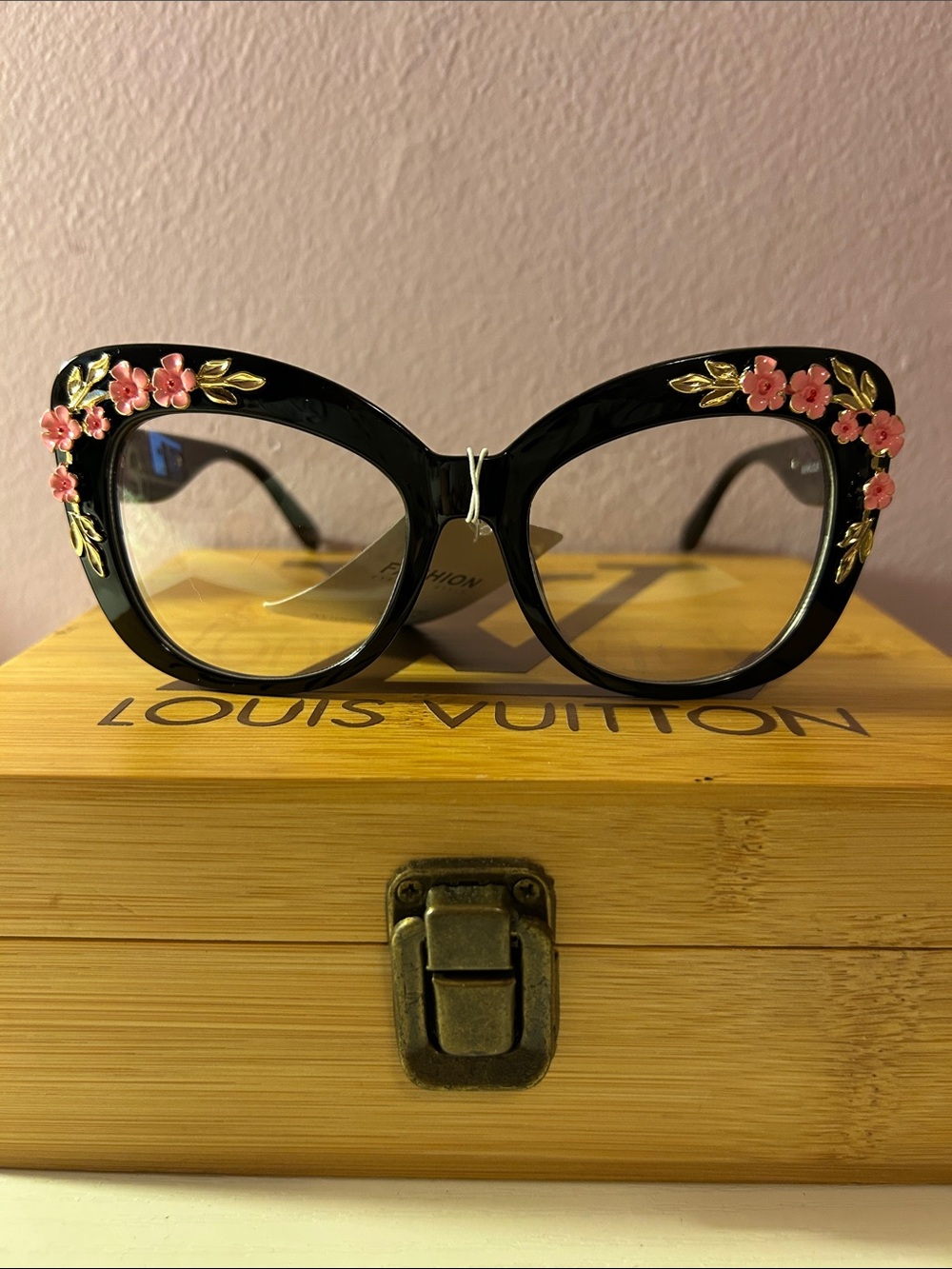 Black Cat-Eye Sunglasses with Pink Floral & Gold Leaf Accents
